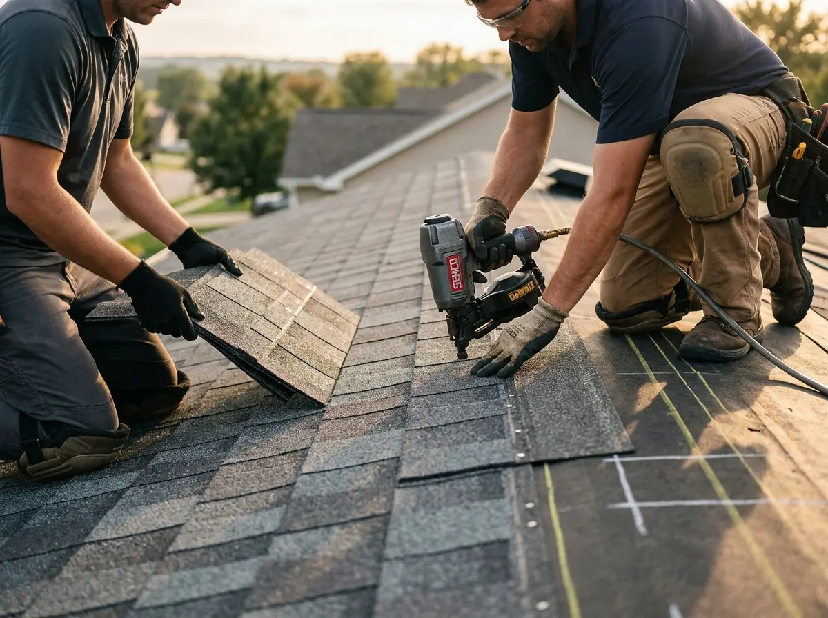 Professional roofer working on a residential roof in Middleborough